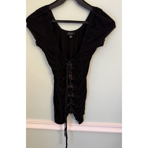 Vtg Y2K Guess Black Corset Ruched Top Witchy Fairy Goth Vamp Indie Whimsy Lace - Picture 1 of 5
